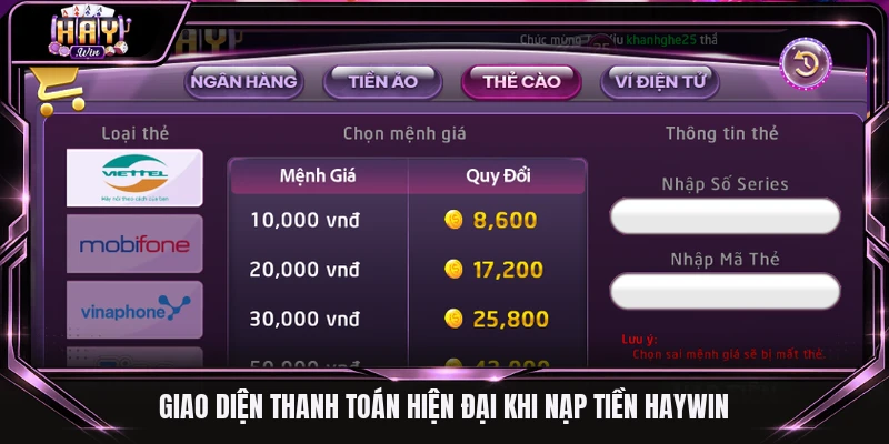 Giao diện thanh toán hiện đại khi nạp tiền Haywin