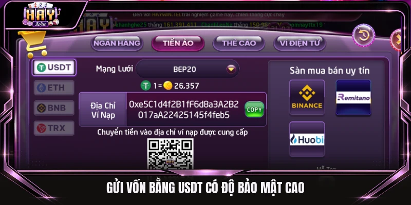 Gửi vốn bằng USDT có độ bảo mật cao